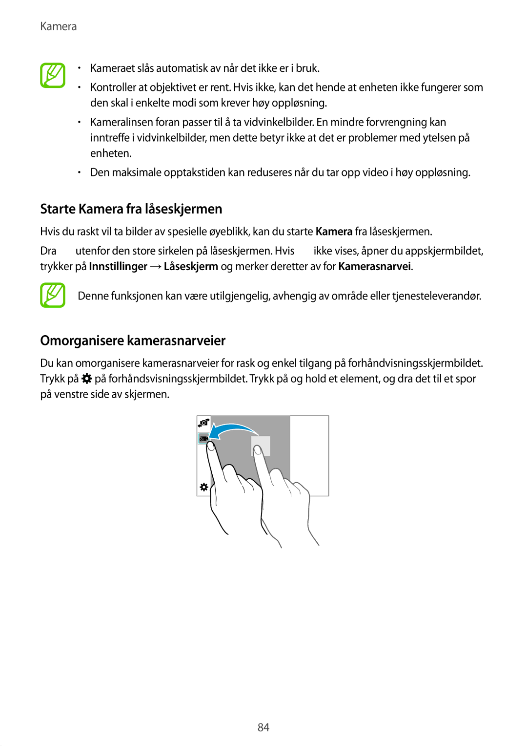 Samsung SM-G850FZBANEE, SM-G850FZBENEE, SM-G850FZKENEE manual Starte Kamera fra låseskjermen, Omorganisere kamerasnarveier 