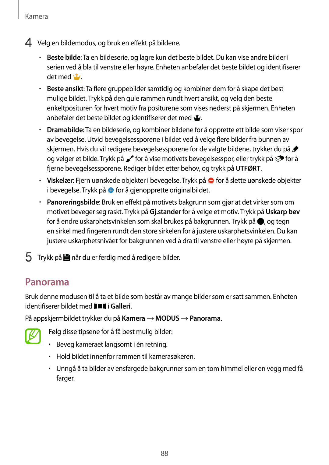 Samsung SM-G850FZWANEE manual Panorama, Trykk på når du er ferdig med å redigere bilder, Identifiserer bildet med i Galleri 