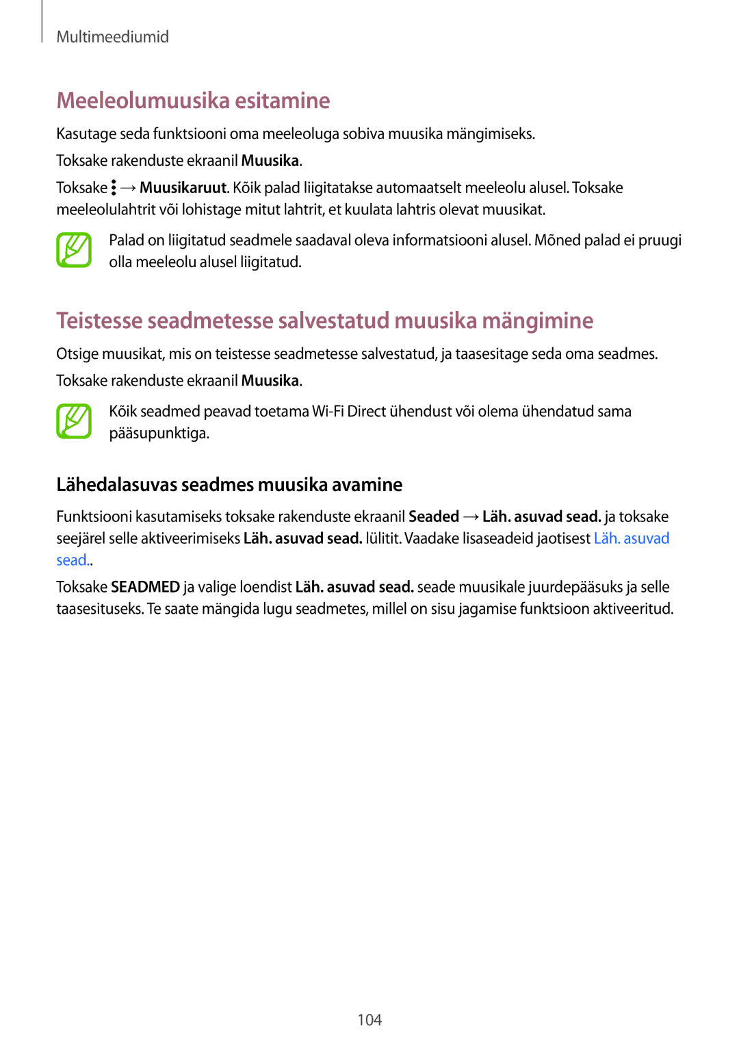 Samsung SM-G850FZKESEB, SM-G850FZDESEB manual Meeleolumuusika esitamine, Teistesse seadmetesse salvestatud muusika mängimine 