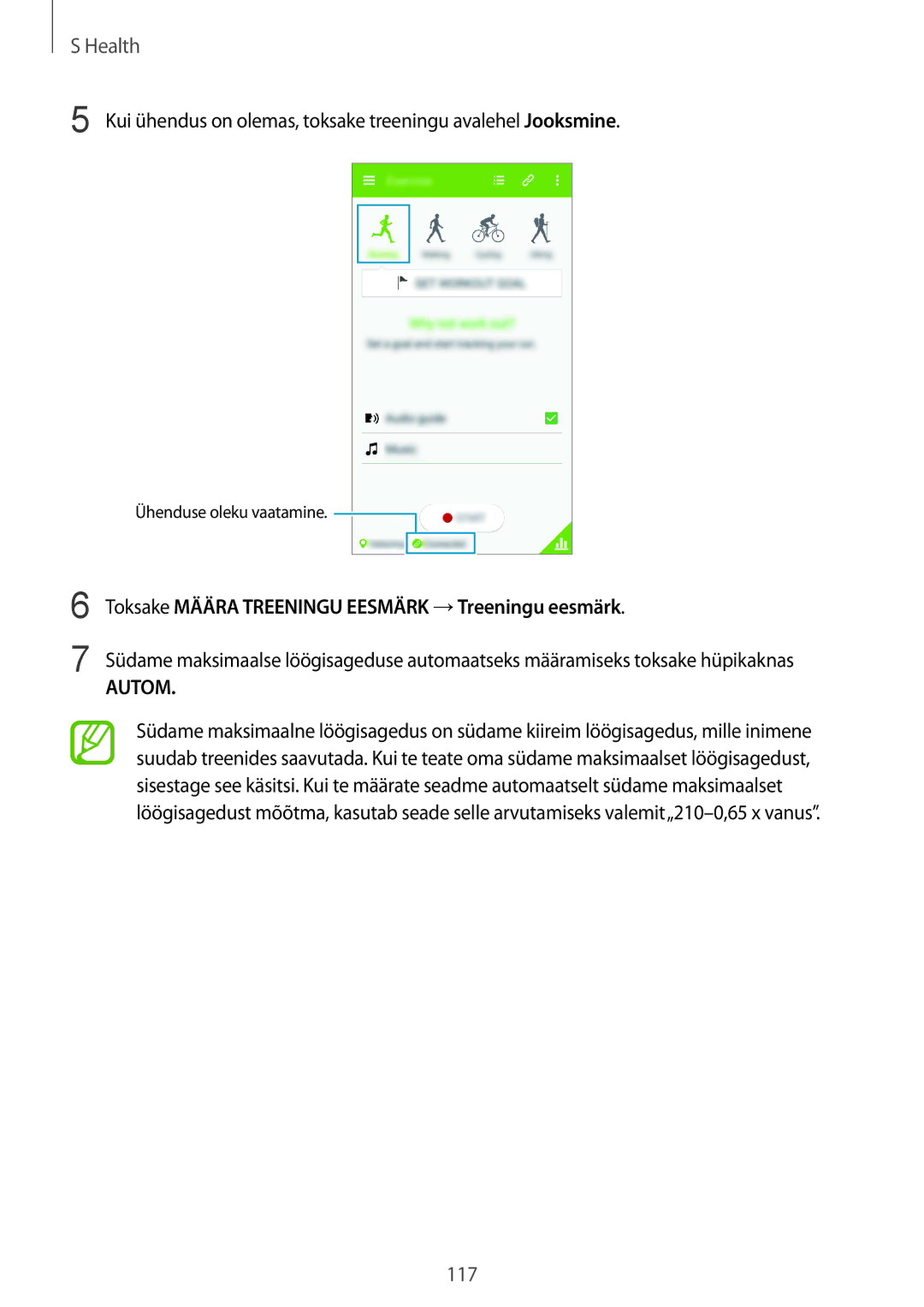 Samsung SM-G850FHSESEB, SM-G850FZDESEB, SM-G850FZWESEB manual Toksake Määra Treeningu Eesmärk →Treeningu eesmärk, Autom 