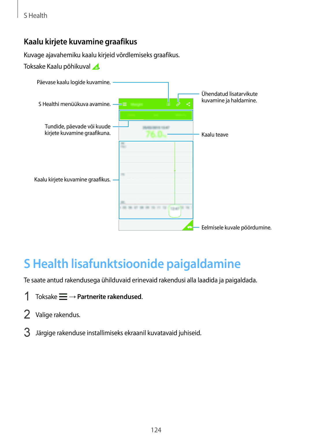 Samsung SM-G850FZKESEB Health lisafunktsioonide paigaldamine, Kaalu kirjete kuvamine graafikus, →Partnerite rakendused 