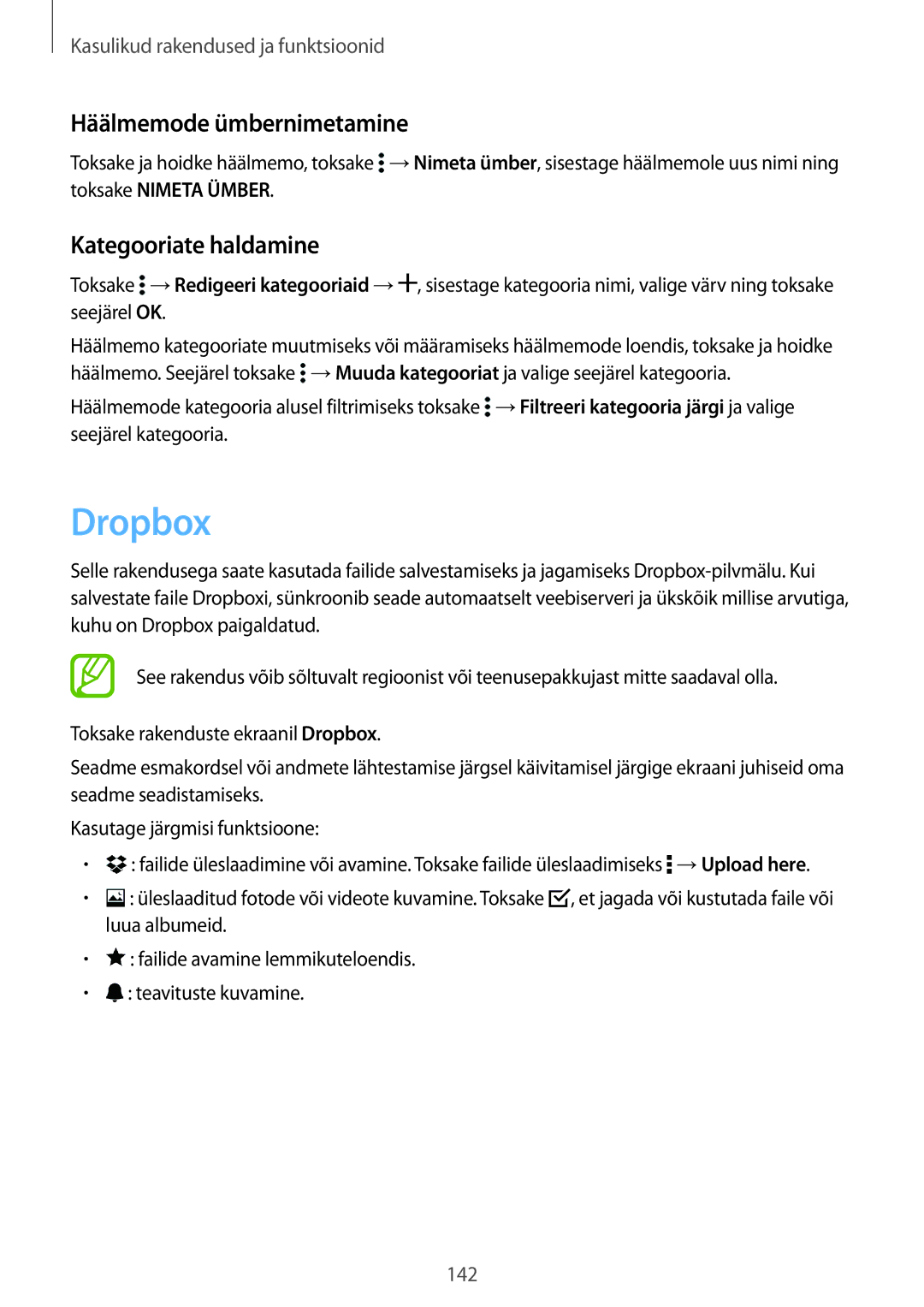 Samsung SM-G850FHSESEB, SM-G850FZDESEB, SM-G850FZWESEB manual Dropbox, Häälmemode ümbernimetamine, Kategooriate haldamine 