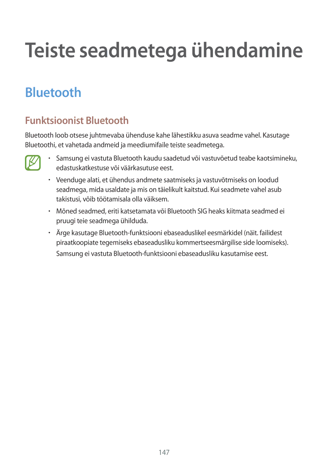 Samsung SM-G850FHSESEB, SM-G850FZDESEB, SM-G850FZWESEB, SM-G850FZBESEB, SM-G850FZKESEB manual Funktsioonist Bluetooth 