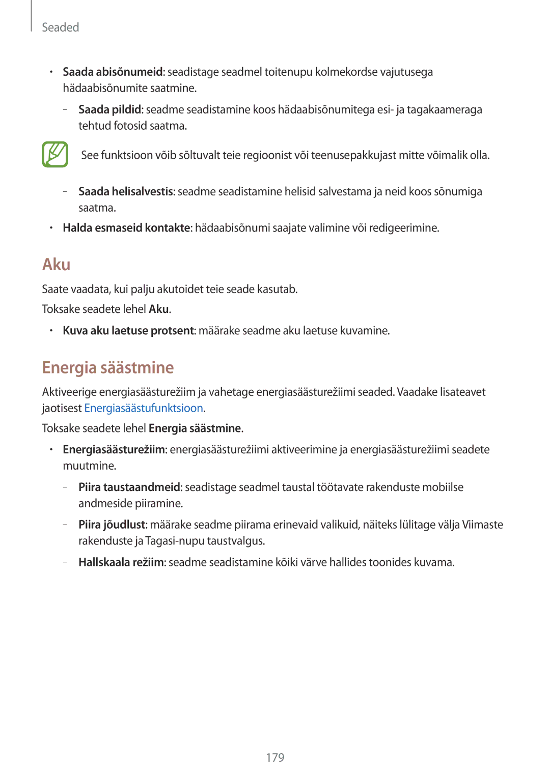 Samsung SM-G850FZKESEB, SM-G850FZDESEB, SM-G850FZWESEB, SM-G850FHSESEB, SM-G850FZBESEB manual Aku, Energia säästmine 