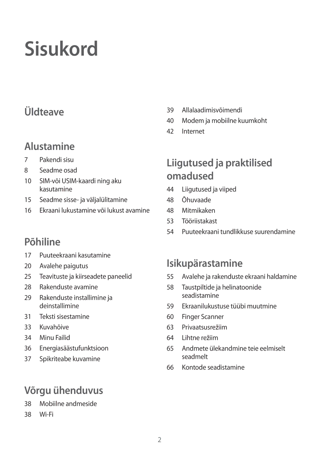 Samsung SM-G850FHSESEB, SM-G850FZDESEB, SM-G850FZWESEB, SM-G850FZBESEB, SM-G850FZKESEB manual Sisukord, Üldteave Alustamine 