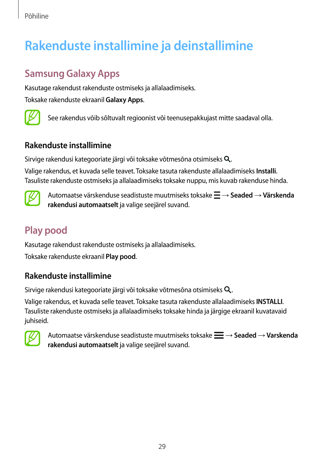 Samsung SM-G850FZKESEB, SM-G850FZDESEB manual Rakenduste installimine ja deinstallimine, Samsung Galaxy Apps, Play pood 