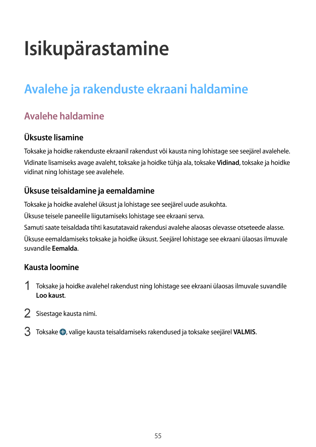 Samsung SM-G850FZDESEB, SM-G850FZWESEB manual Isikupärastamine, Avalehe ja rakenduste ekraani haldamine, Avalehe haldamine 