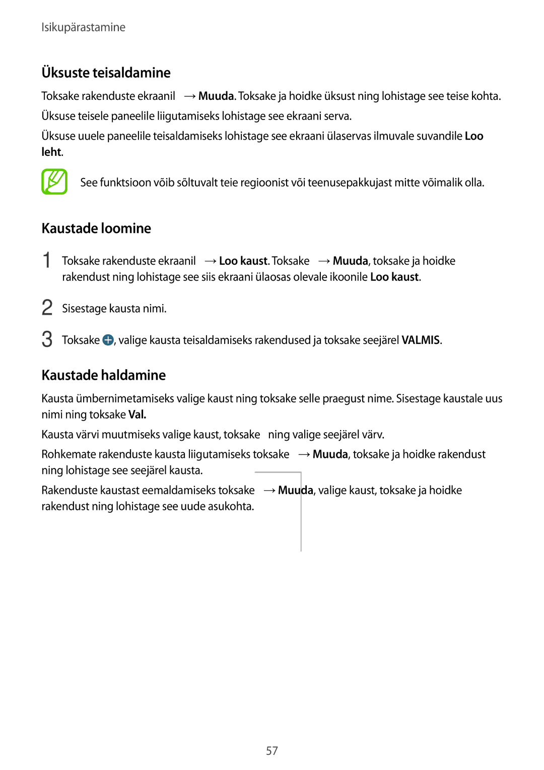 Samsung SM-G850FHSESEB, SM-G850FZDESEB, SM-G850FZWESEB, SM-G850FZBESEB manual Üksuste teisaldamine, Kaustade loomine, Leht 