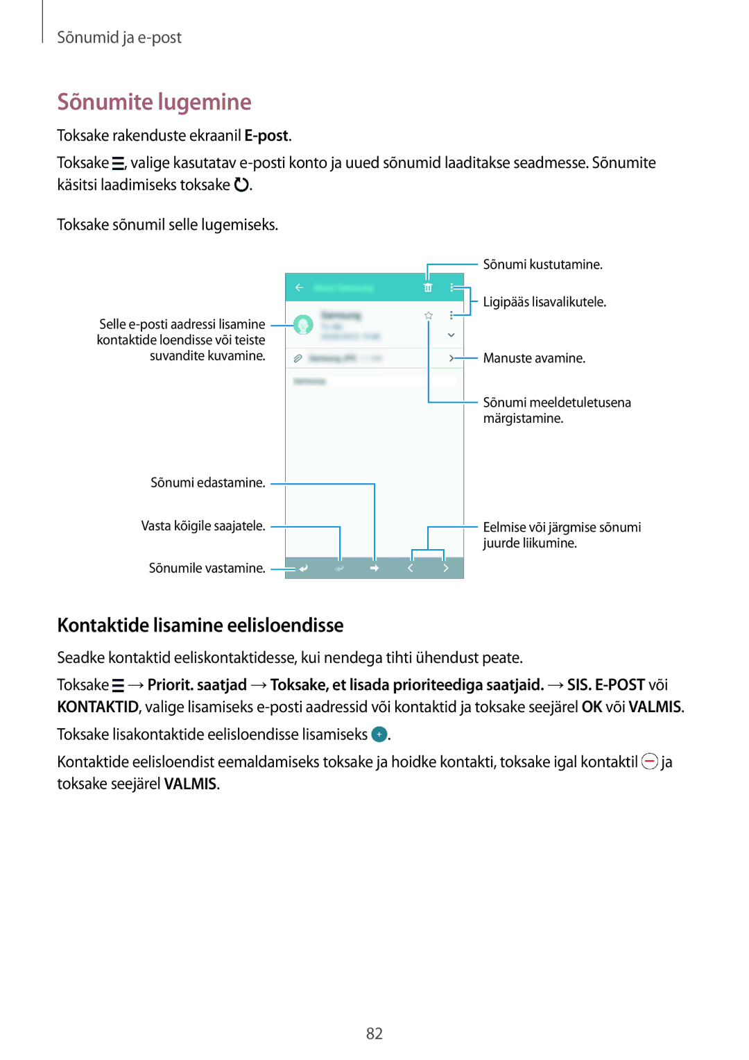 Samsung SM-G850FHSESEB, SM-G850FZDESEB, SM-G850FZWESEB, SM-G850FZBESEB Sõnumite lugemine, Kontaktide lisamine eelisloendisse 