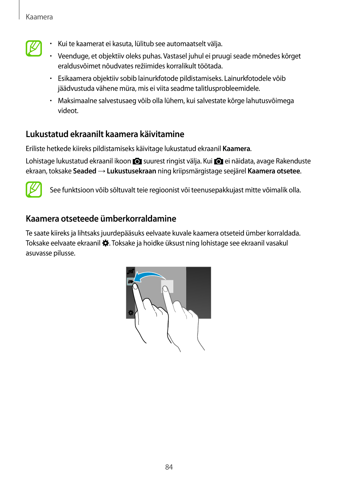 Samsung SM-G850FZKESEB, SM-G850FZDESEB manual Lukustatud ekraanilt kaamera käivitamine, Kaamera otseteede ümberkorraldamine 