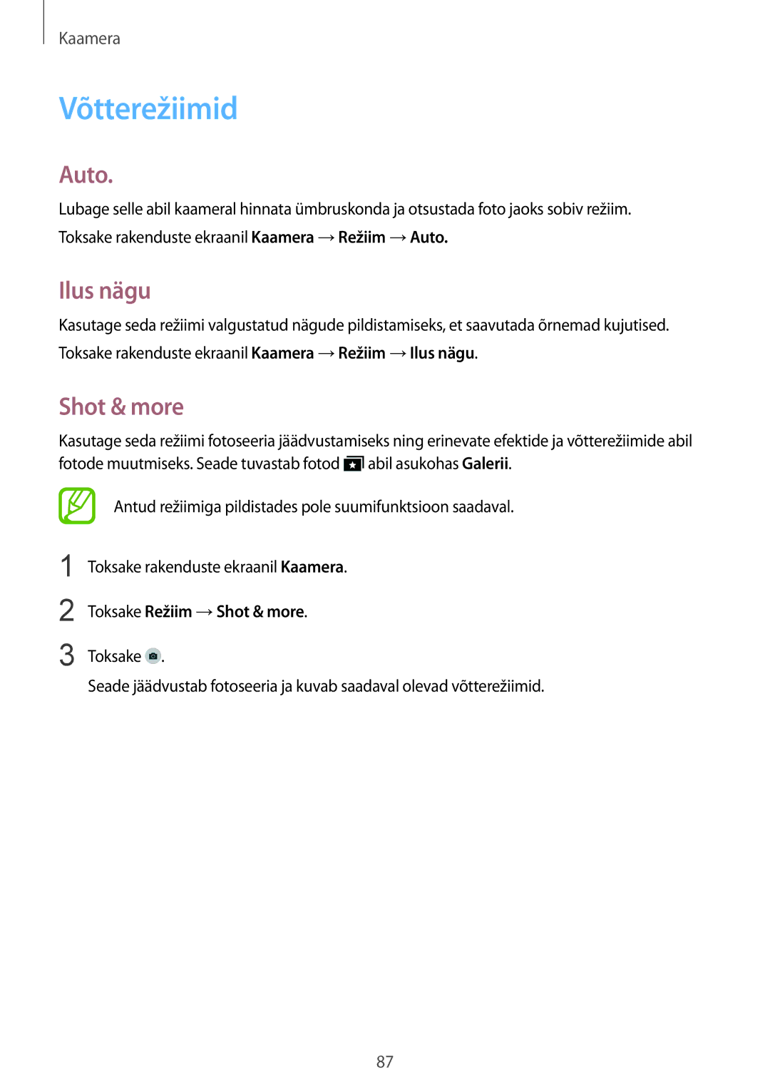 Samsung SM-G850FHSESEB, SM-G850FZDESEB, SM-G850FZWESEB manual Võtterežiimid, Auto, Ilus nägu, Toksake Režiim →Shot & more 