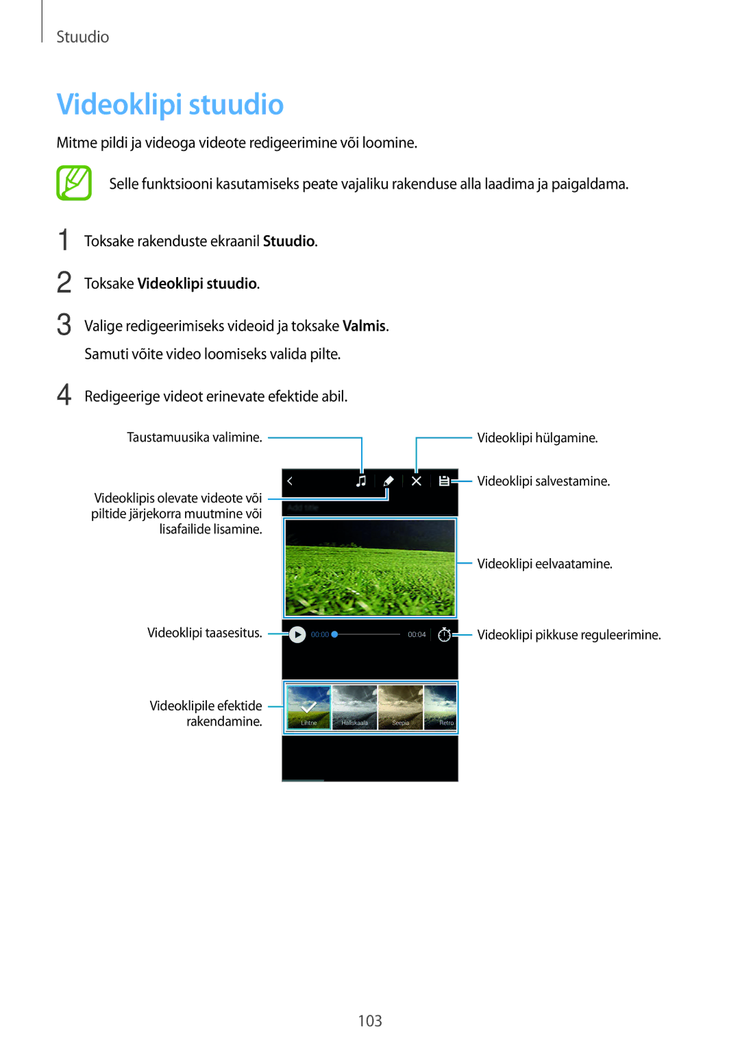 Samsung SM-G850FZBESEB, SM-G850FZDESEB, SM-G850FZWESEB, SM-G850FHSESEB, SM-G850FZKESEB manual Videoklipi stuudio 