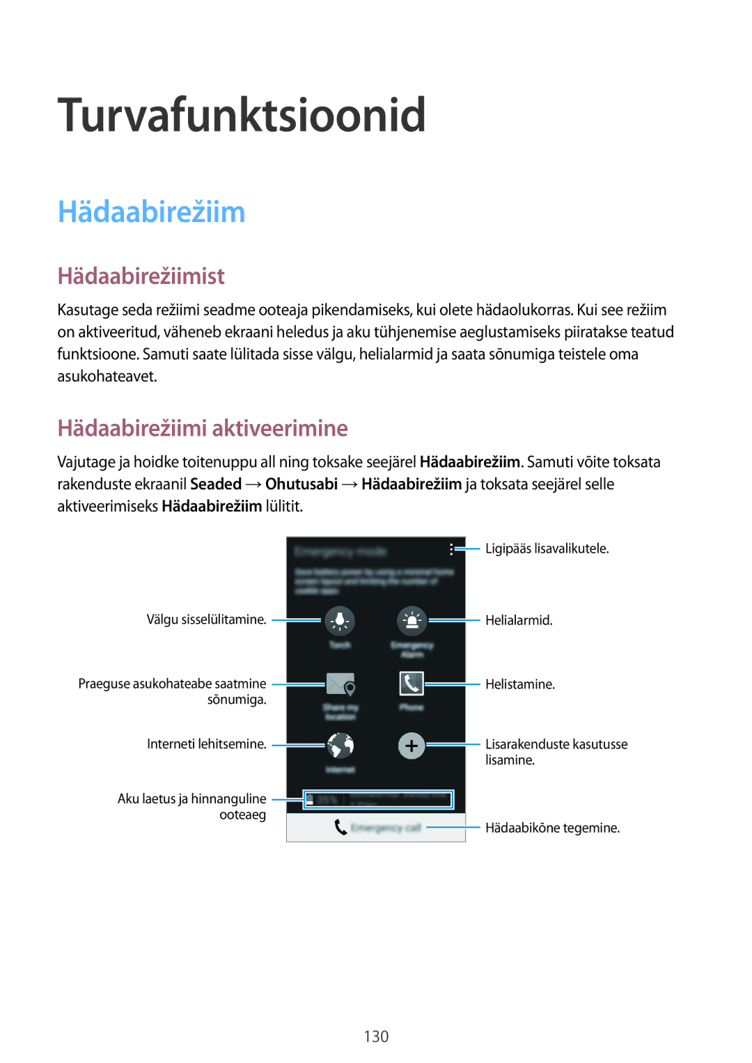 Samsung SM-G850FZDESEB, SM-G850FZWESEB manual Turvafunktsioonid, Hädaabirežiimist, Hädaabirežiimi aktiveerimine 