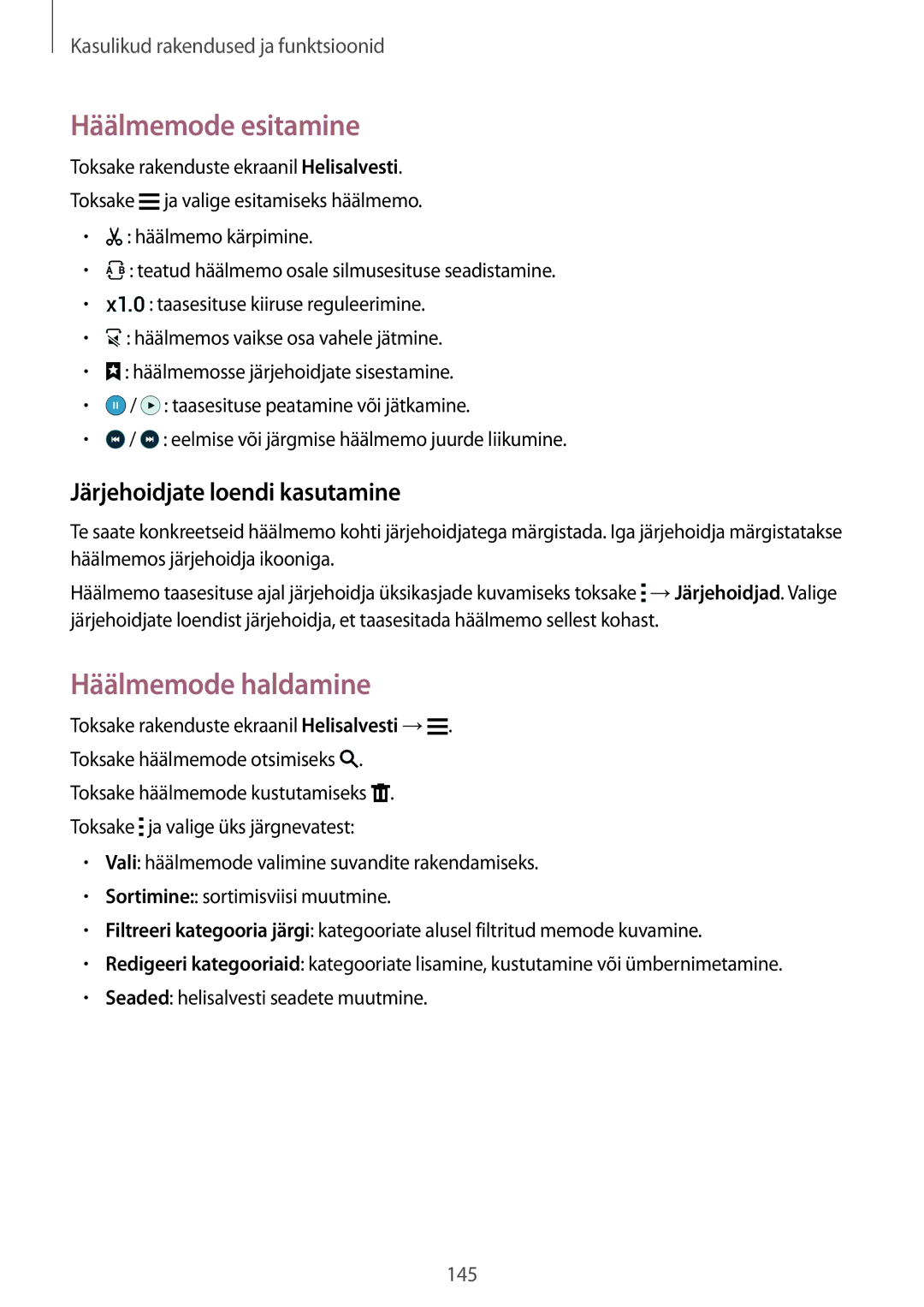 Samsung SM-G850FZDESEB, SM-G850FZWESEB manual Häälmemode esitamine, Häälmemode haldamine, Järjehoidjate loendi kasutamine 