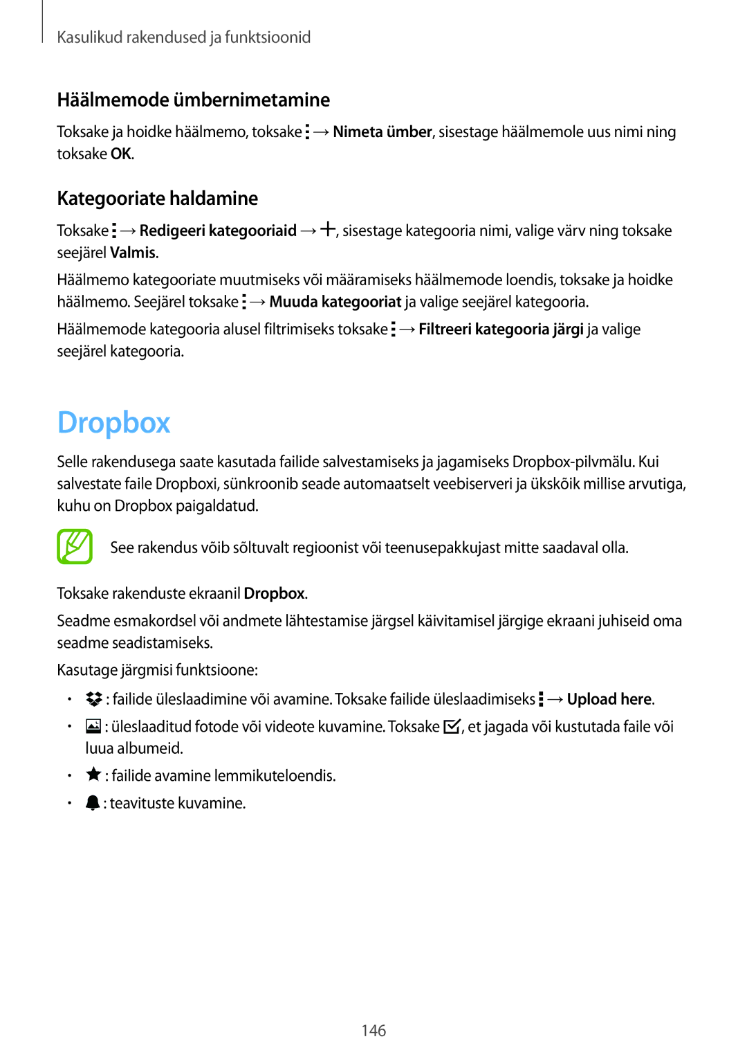 Samsung SM-G850FZWESEB, SM-G850FZDESEB, SM-G850FHSESEB manual Dropbox, Häälmemode ümbernimetamine, Kategooriate haldamine 