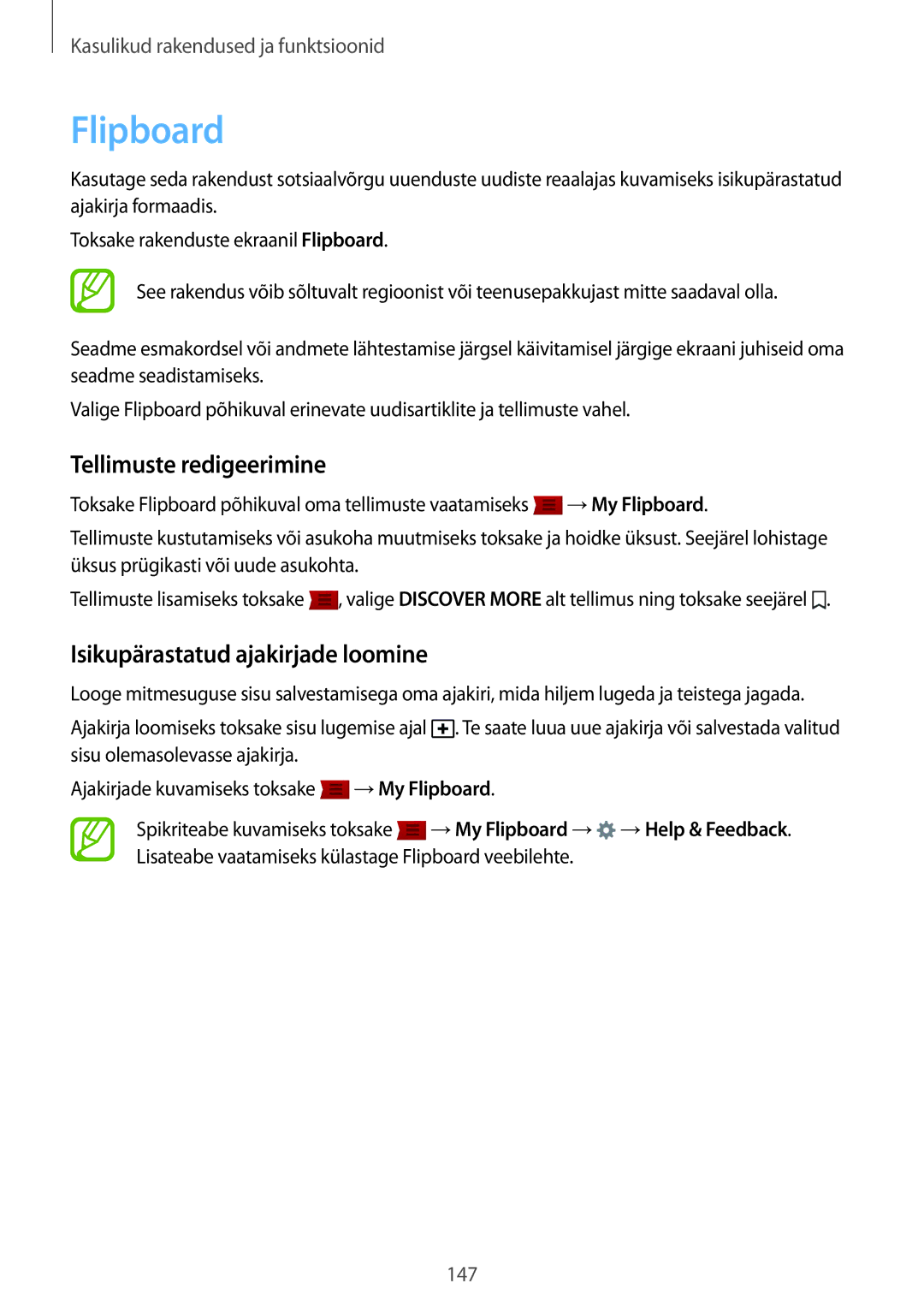 Samsung SM-G850FHSESEB, SM-G850FZDESEB manual Flipboard, Tellimuste redigeerimine, Isikupärastatud ajakirjade loomine 