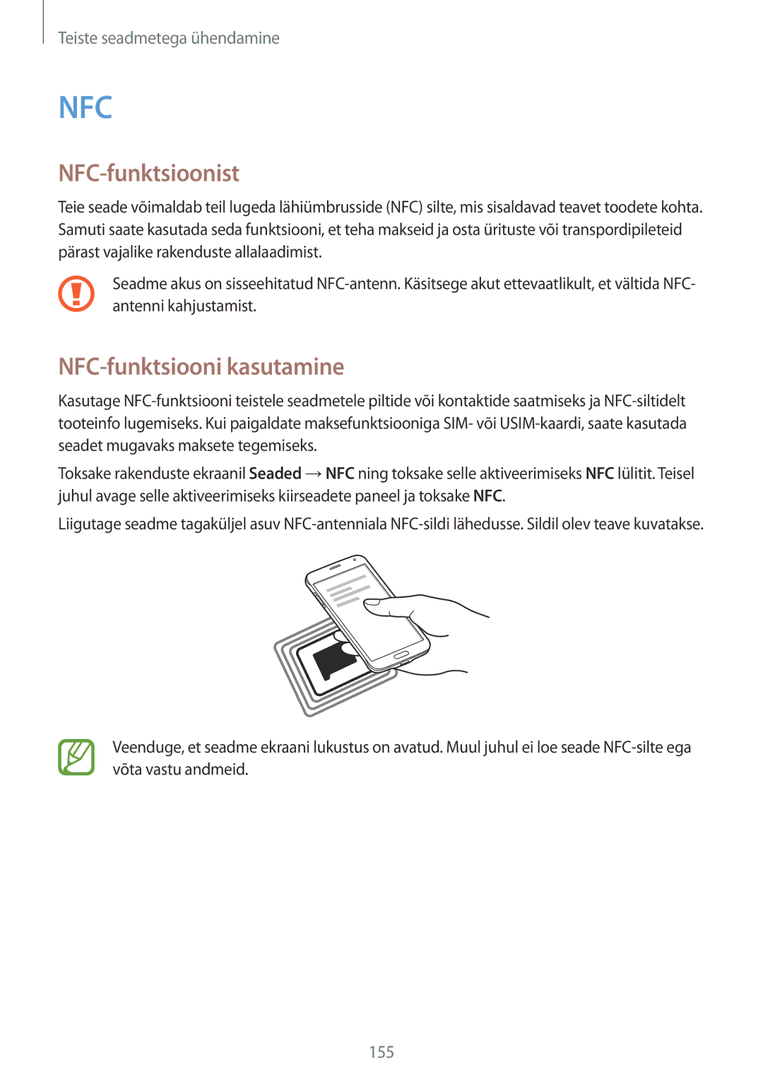 Samsung SM-G850FZDESEB, SM-G850FZWESEB, SM-G850FHSESEB, SM-G850FZBESEB manual NFC-funktsioonist, NFC-funktsiooni kasutamine 