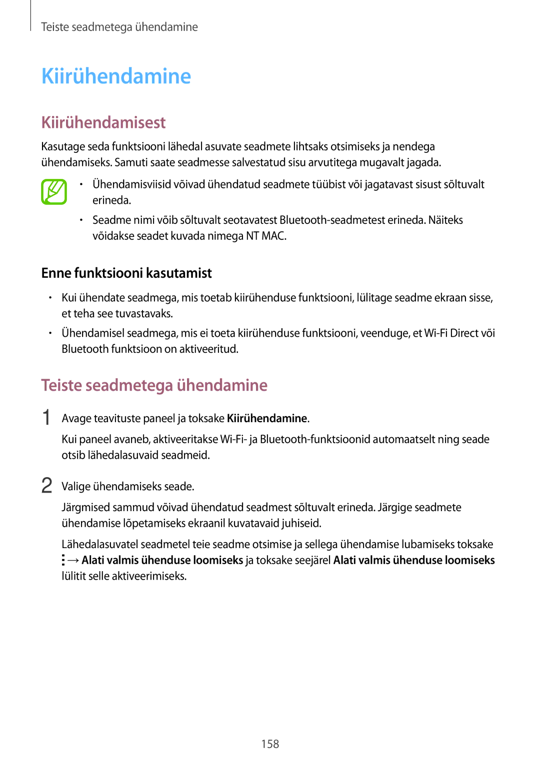 Samsung SM-G850FZBESEB, SM-G850FZDESEB, SM-G850FZWESEB manual Kiirühendamine, Kiirühendamisest, Enne funktsiooni kasutamist 