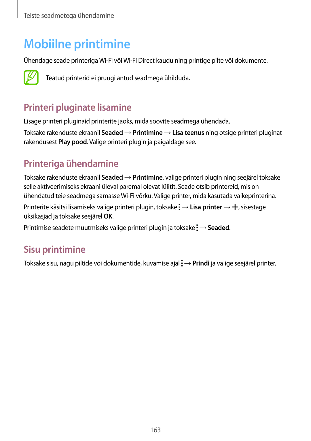 Samsung SM-G850FZBESEB manual Mobiilne printimine, Printeri pluginate lisamine, Printeriga ühendamine, Sisu printimine 