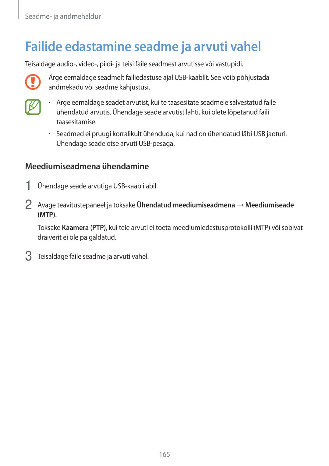 Samsung SM-G850FZDESEB, SM-G850FZWESEB manual Failide edastamine seadme ja arvuti vahel, Meediumiseadmena ühendamine 