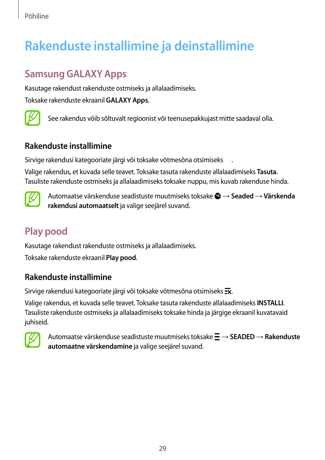 Samsung SM-G850FZKESEB, SM-G850FZDESEB manual Rakenduste installimine ja deinstallimine, Samsung Galaxy Apps, Play pood 