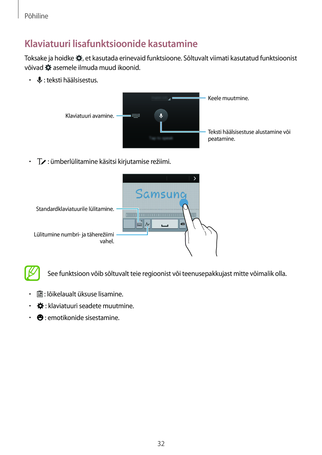 Samsung SM-G850FHSESEB manual Klaviatuuri lisafunktsioonide kasutamine, Ümberlülitamine käsitsi kirjutamise režiimi 