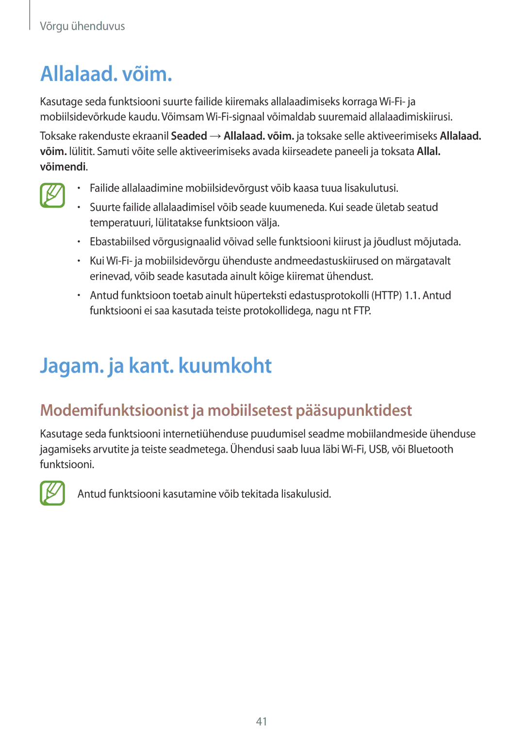 Samsung SM-G850FZWESEB manual Allalaad. võim, Jagam. ja kant. kuumkoht, Modemifunktsioonist ja mobiilsetest pääsupunktidest 