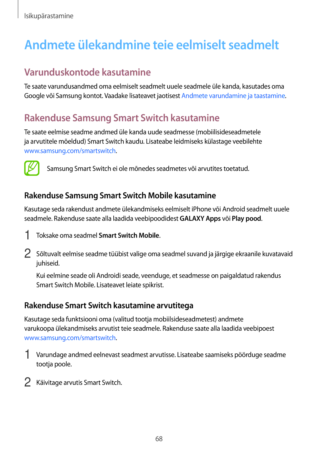 Samsung SM-G850FZBESEB, SM-G850FZDESEB manual Varunduskontode kasutamine, Rakenduse Samsung Smart Switch kasutamine 