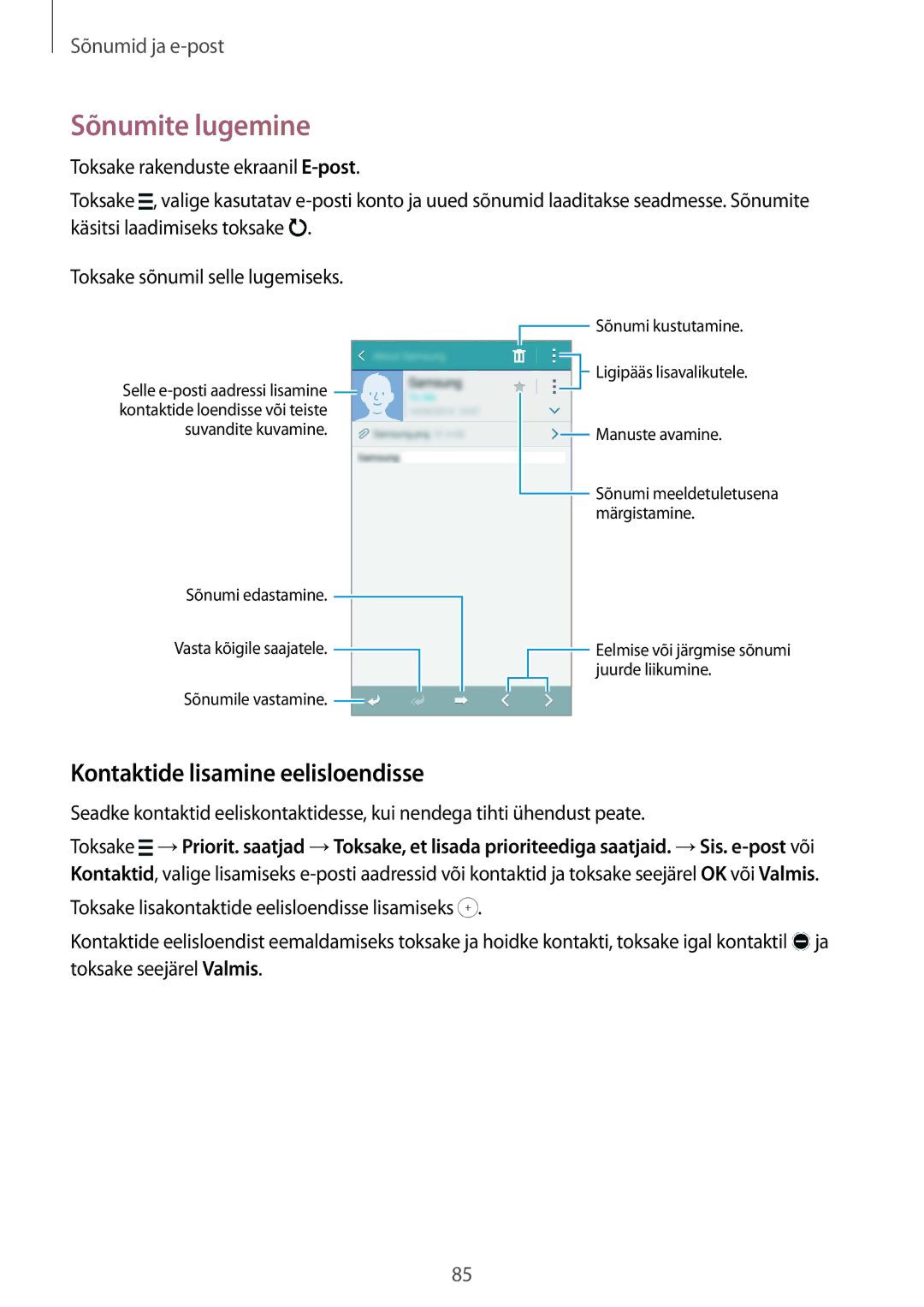 Samsung SM-G850FZDESEB, SM-G850FZWESEB, SM-G850FHSESEB, SM-G850FZBESEB Sõnumite lugemine, Kontaktide lisamine eelisloendisse 