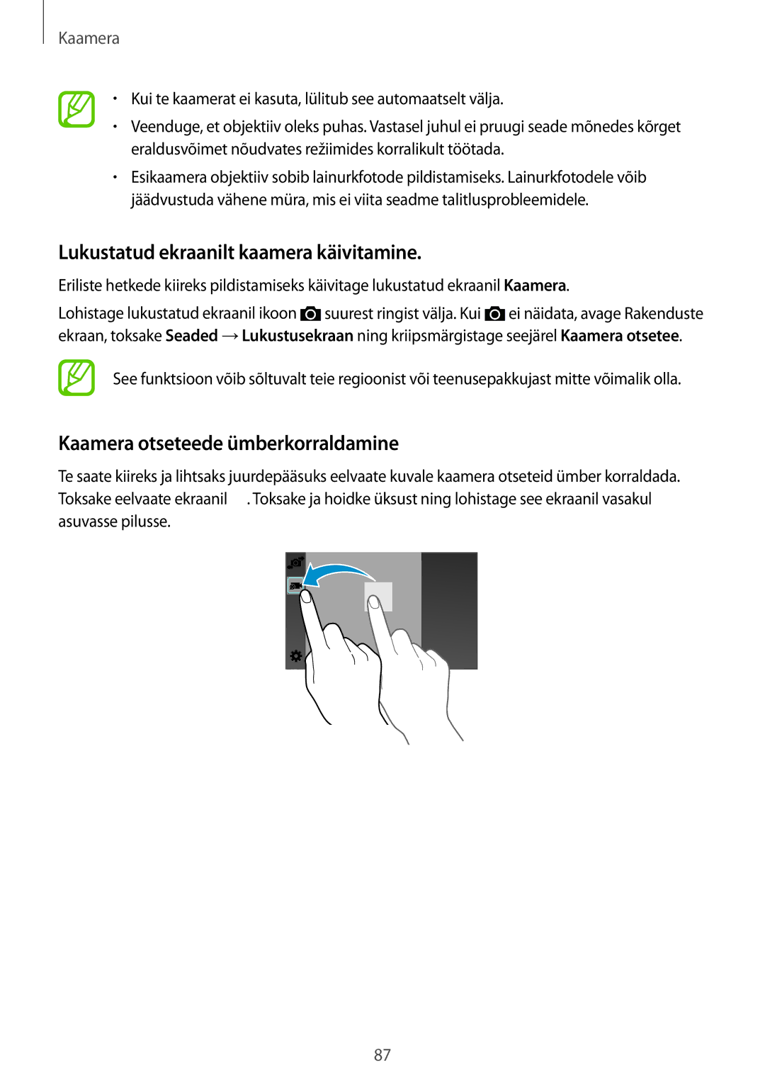 Samsung SM-G850FHSESEB, SM-G850FZDESEB manual Lukustatud ekraanilt kaamera käivitamine, Kaamera otseteede ümberkorraldamine 