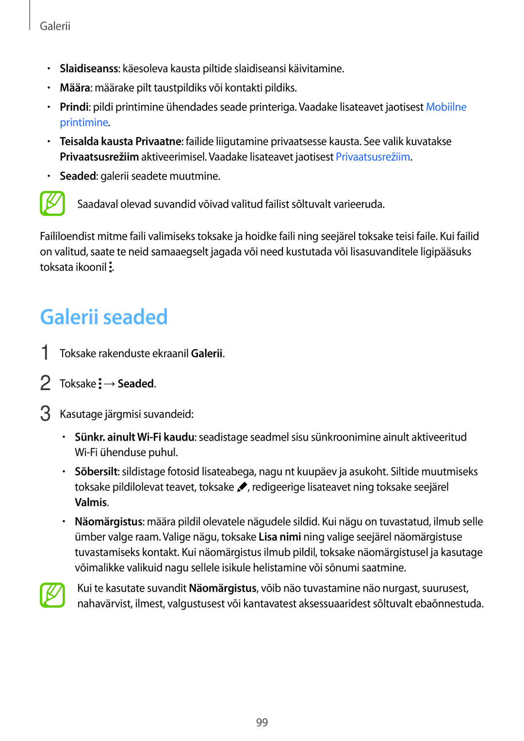 Samsung SM-G850FZKESEB, SM-G850FZDESEB, SM-G850FZWESEB manual Galerii seaded, Toksake →Seaded, Kasutage järgmisi suvandeid 