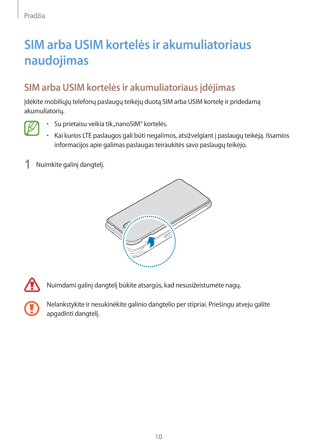 Samsung SM-G850FZDESEB, SM-G850FZWESEB, SM-G850FHSESEB, SM-G850FZBESEB SIM arba Usim kortelės ir akumuliatoriaus naudojimas 