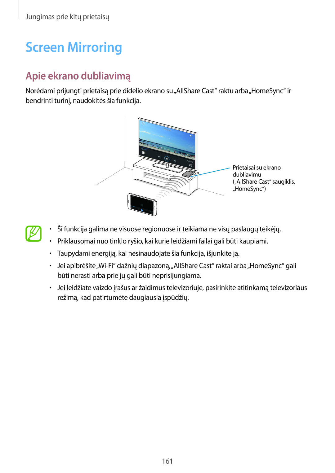 Samsung SM-G850FZWESEB, SM-G850FZDESEB, SM-G850FHSESEB, SM-G850FZBESEB manual Screen Mirroring, Apie ekrano dubliavimą 