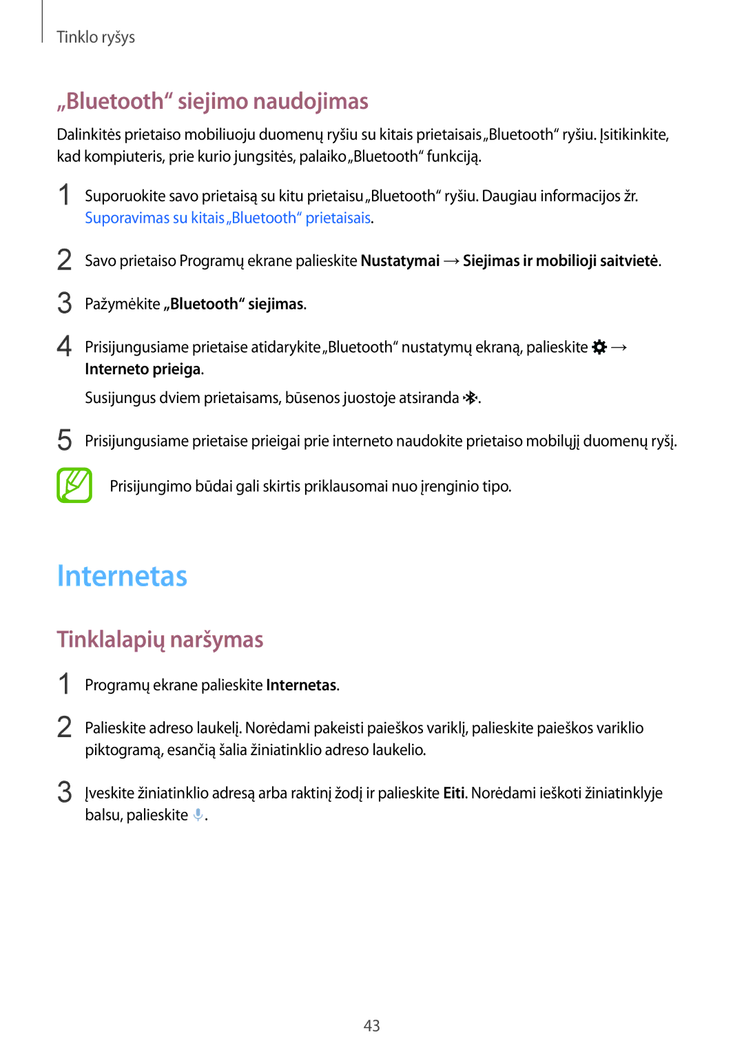 Samsung SM-G850FZBESEB Internetas, „Bluetooth siejimo naudojimas, Tinklalapių naršymas, Pažymėkite „Bluetooth siejimas 