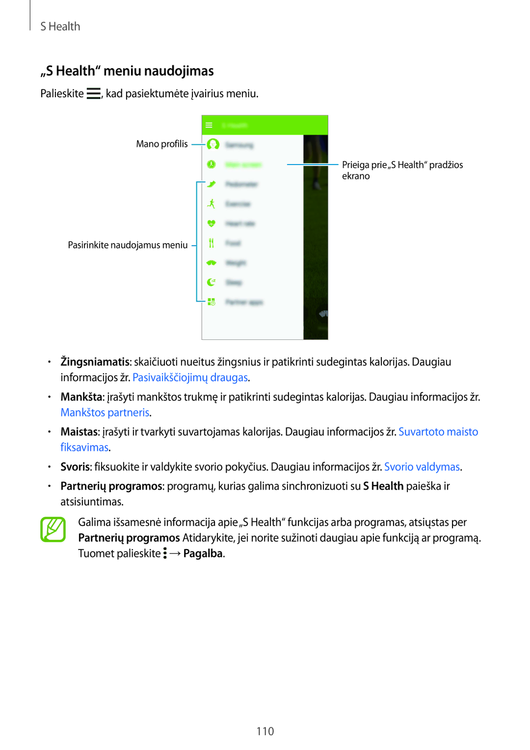 Samsung SM-G850FZDESEB, SM-G850FZWESEB manual „S Health meniu naudojimas, Palieskite , kad pasiektumėte įvairius meniu 