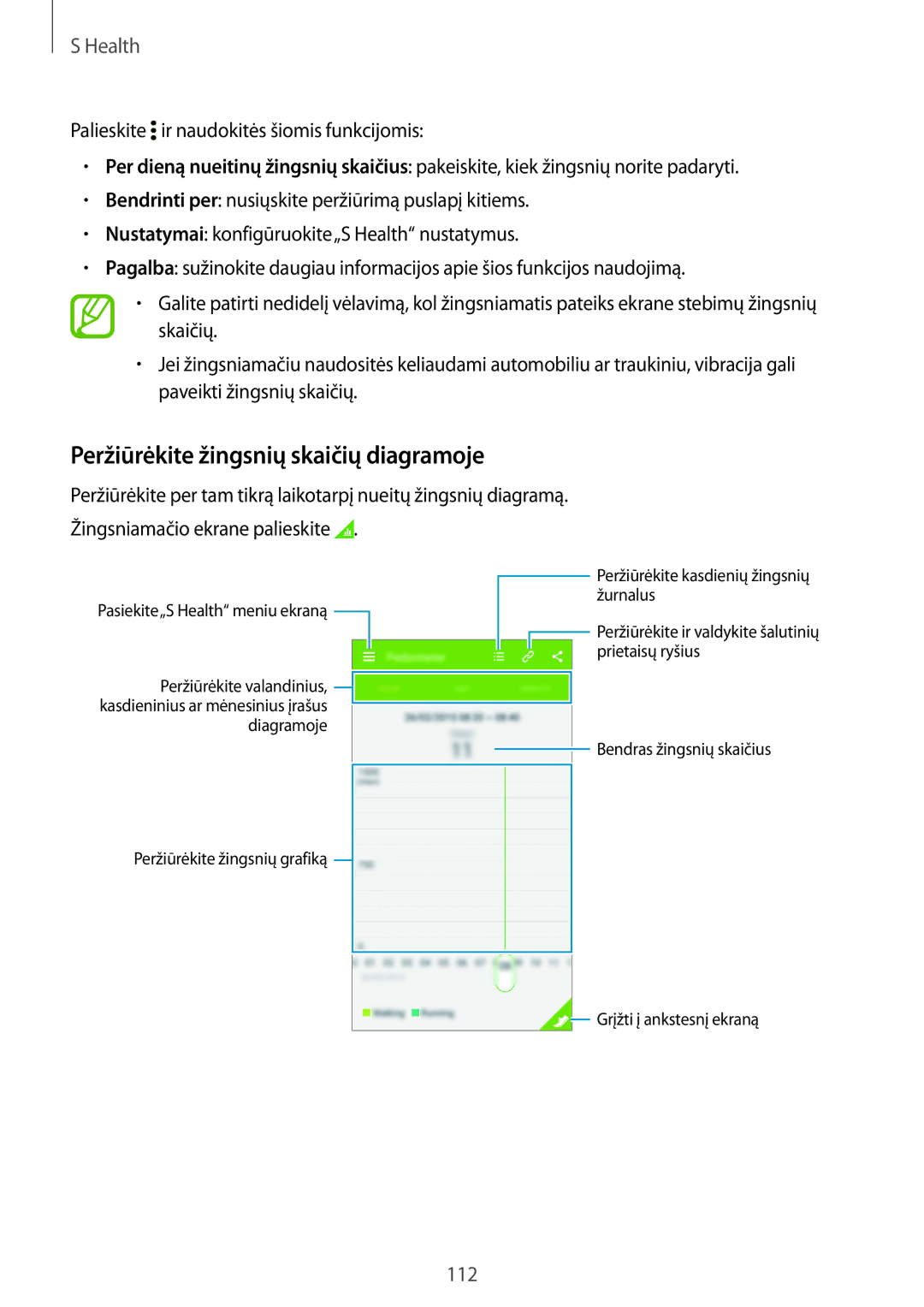 Samsung SM-G850FHSESEB, SM-G850FZDESEB, SM-G850FZWESEB, SM-G850FZBESEB manual Peržiūrėkite žingsnių skaičių diagramoje 