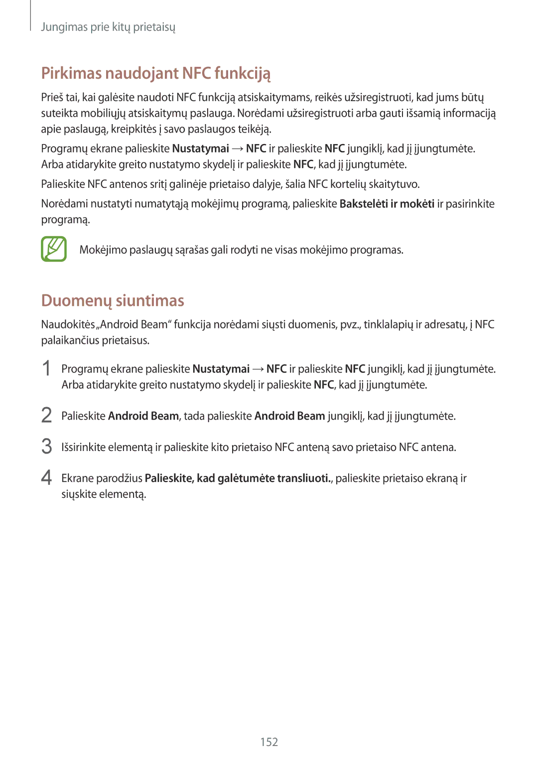 Samsung SM-G850FHSESEB, SM-G850FZDESEB, SM-G850FZWESEB, SM-G850FZBESEB Pirkimas naudojant NFC funkciją, Duomenų siuntimas 