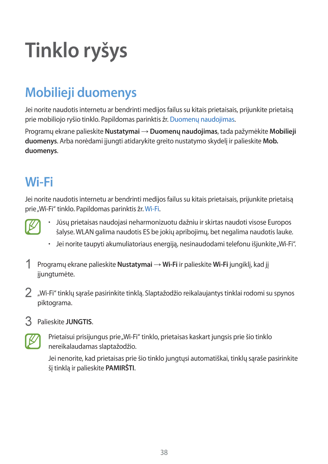 Samsung SM-G850FZBESEB, SM-G850FZDESEB, SM-G850FZWESEB, SM-G850FHSESEB manual Tinklo ryšys, Mobilieji duomenys, Wi-Fi 