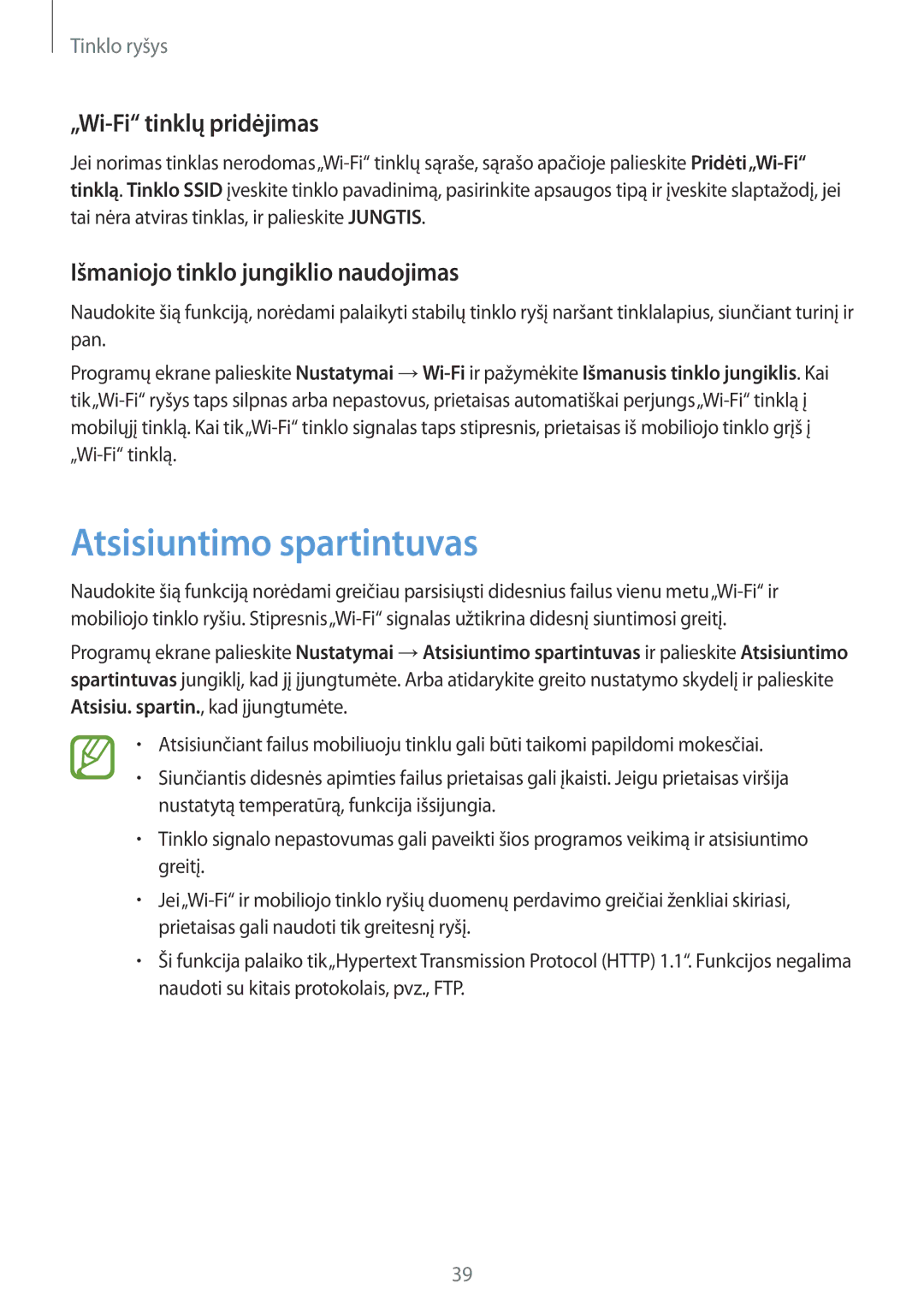 Samsung SM-G850FZKESEB manual Atsisiuntimo spartintuvas, „Wi-Fi tinklų pridėjimas, Išmaniojo tinklo jungiklio naudojimas 