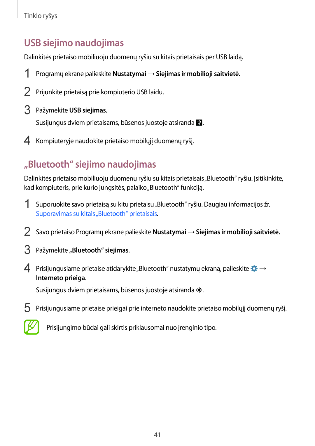 Samsung SM-G850FZWESEB manual USB siejimo naudojimas, „Bluetooth siejimo naudojimas, Pažymėkite „Bluetooth siejimas 