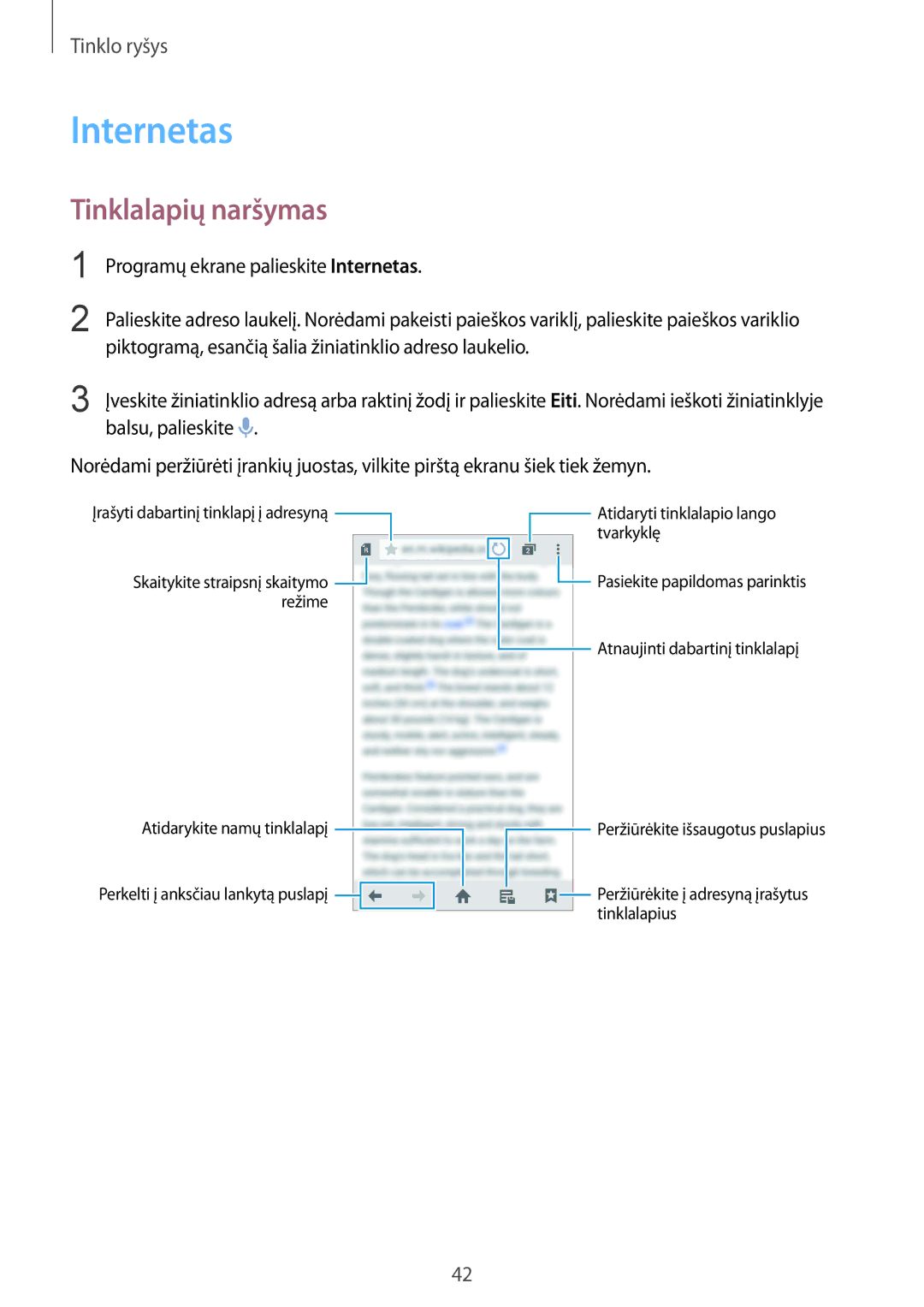 Samsung SM-G850FHSESEB, SM-G850FZDESEB, SM-G850FZWESEB, SM-G850FZBESEB, SM-G850FZKESEB manual Internetas, Tinklalapių naršymas 