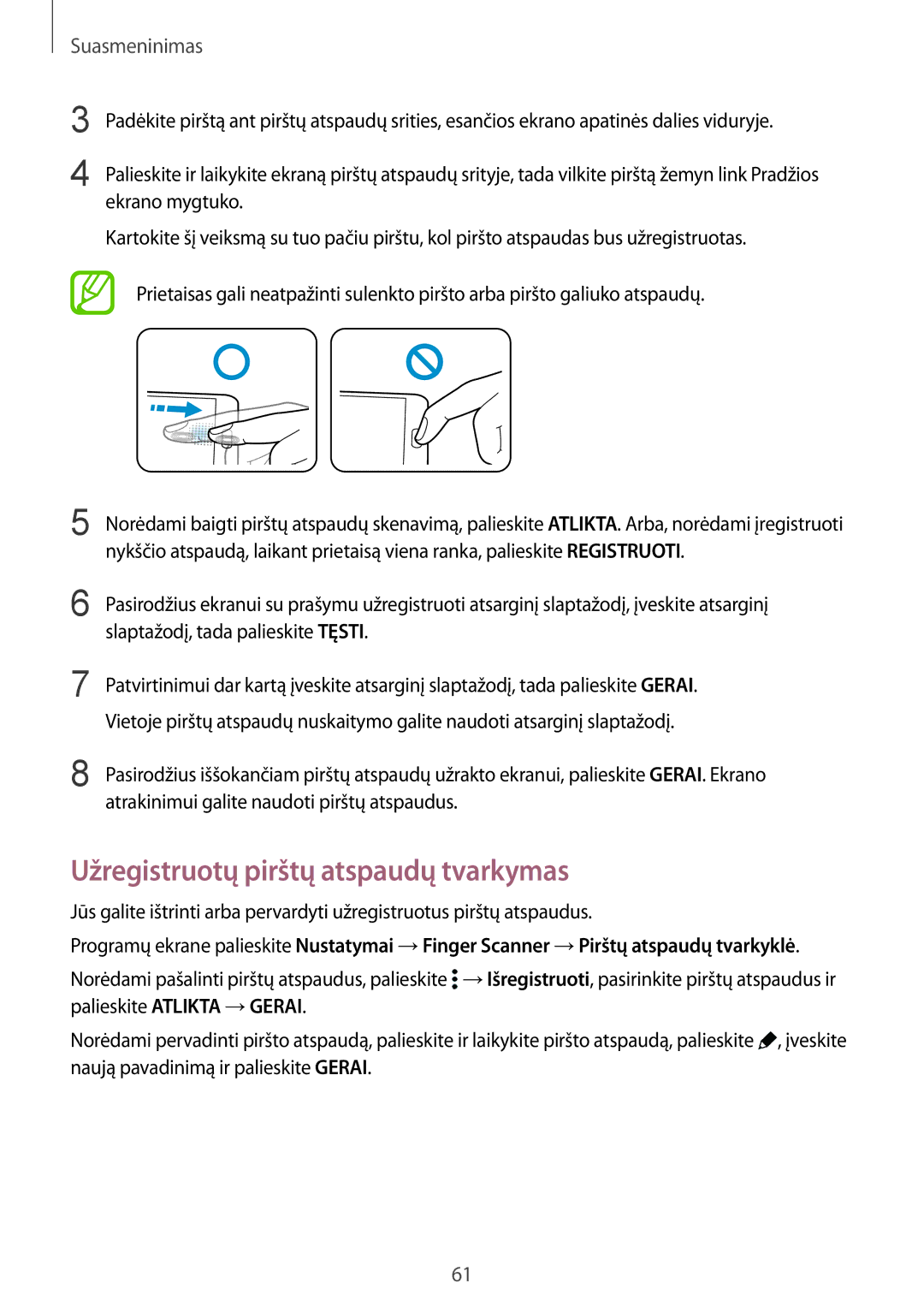 Samsung SM-G850FZWESEB, SM-G850FZDESEB, SM-G850FHSESEB, SM-G850FZBESEB manual Užregistruotų pirštų atspaudų tvarkymas 