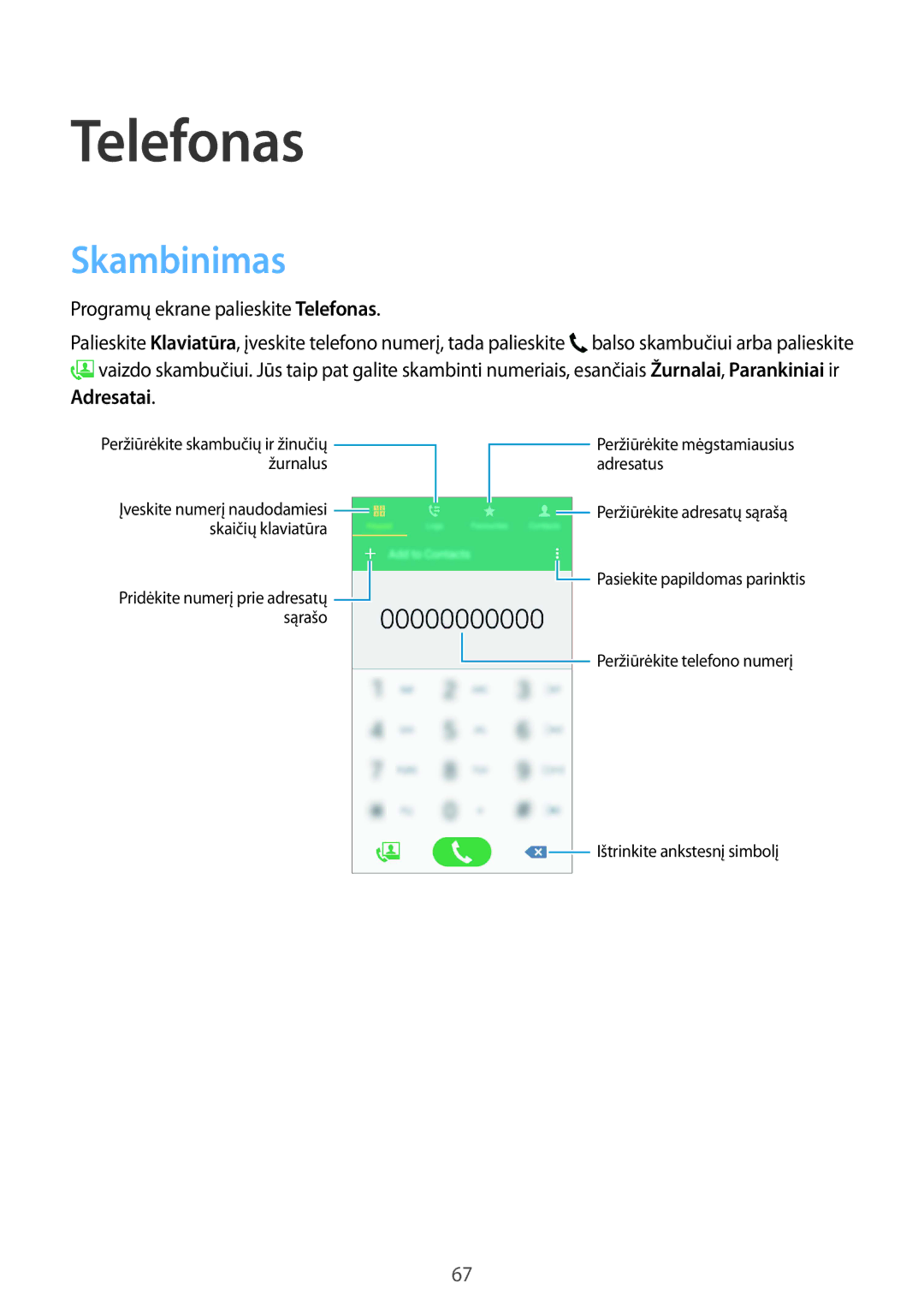 Samsung SM-G850FHSESEB, SM-G850FZDESEB, SM-G850FZWESEB Skambinimas, Programų ekrane palieskite Telefonas, Adresatai 