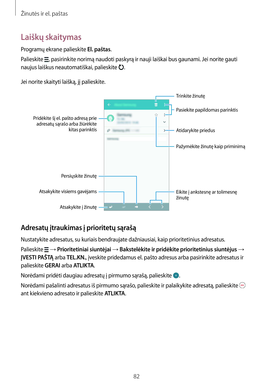 Samsung SM-G850FHSESEB, SM-G850FZDESEB, SM-G850FZWESEB manual Laiškų skaitymas, Adresatų įtraukimas į prioritetų sąrašą 