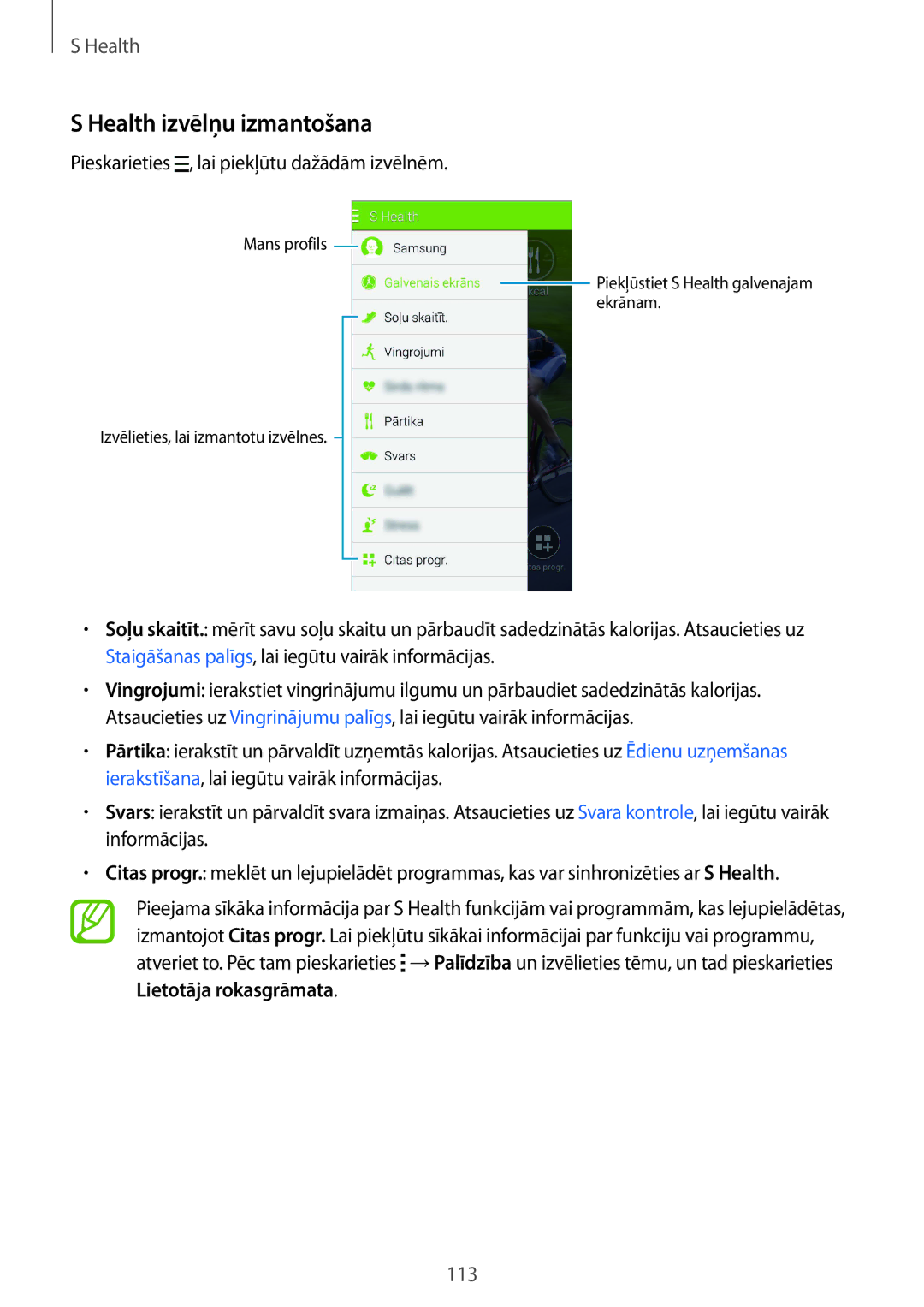 Samsung SM-G850FZBESEB, SM-G850FZDESEB, SM-G850FZWESEB, SM-G850FHSESEB, SM-G850FZKESEB manual Health izvēlņu izmantošana 