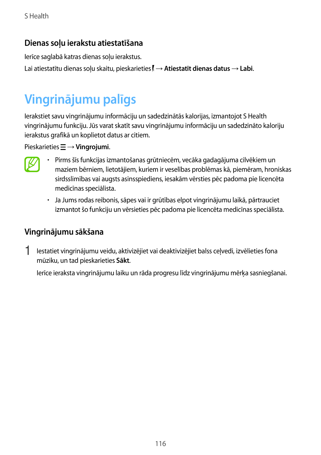 Samsung SM-G850FZWESEB, SM-G850FZDESEB manual Vingrinājumu palīgs, Dienas soļu ierakstu atiestatīšana, Vingrinājumu sākšana 