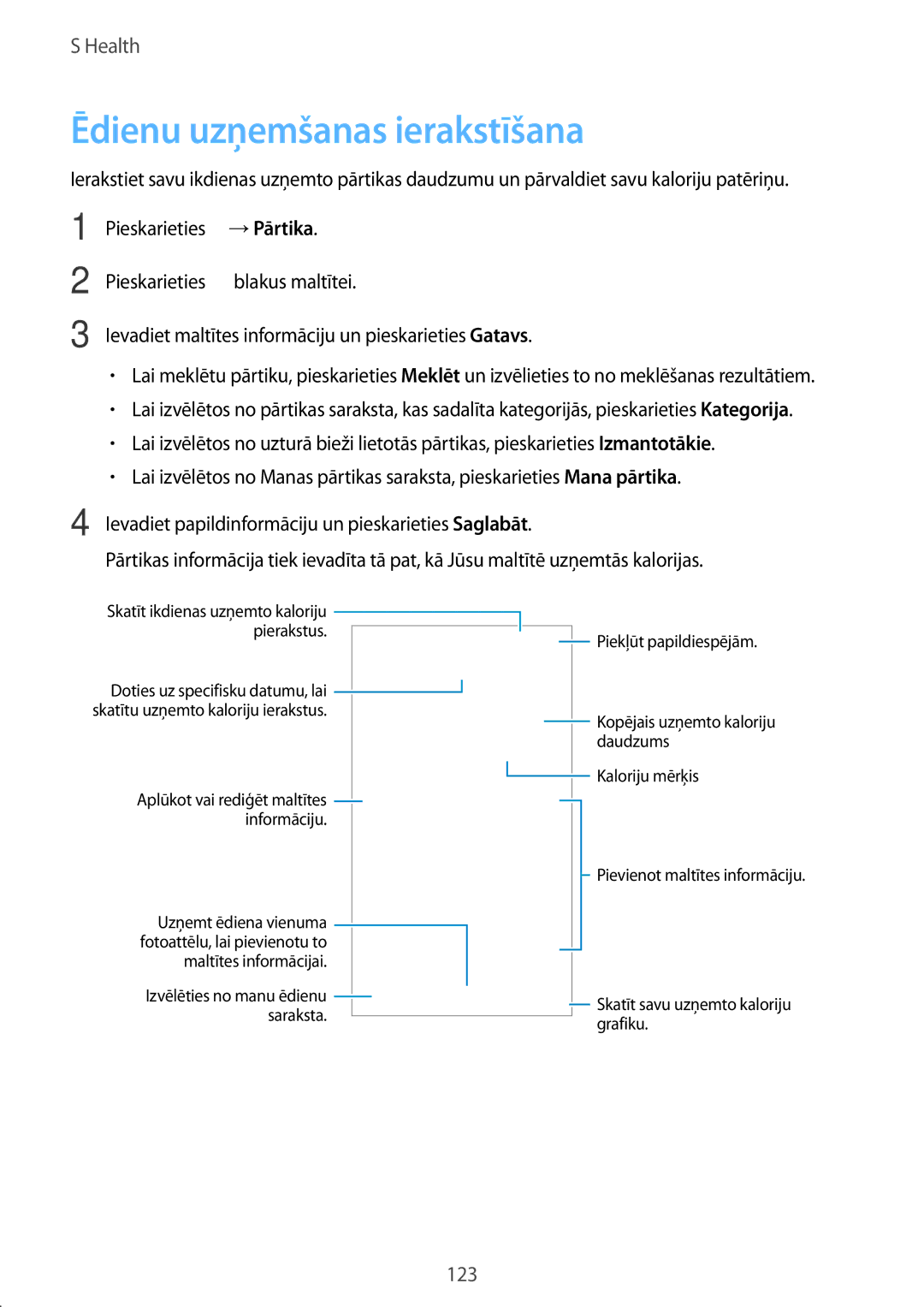 Samsung SM-G850FZBESEB, SM-G850FZDESEB, SM-G850FZWESEB, SM-G850FHSESEB, SM-G850FZKESEB manual Ēdienu uzņemšanas ierakstīšana 