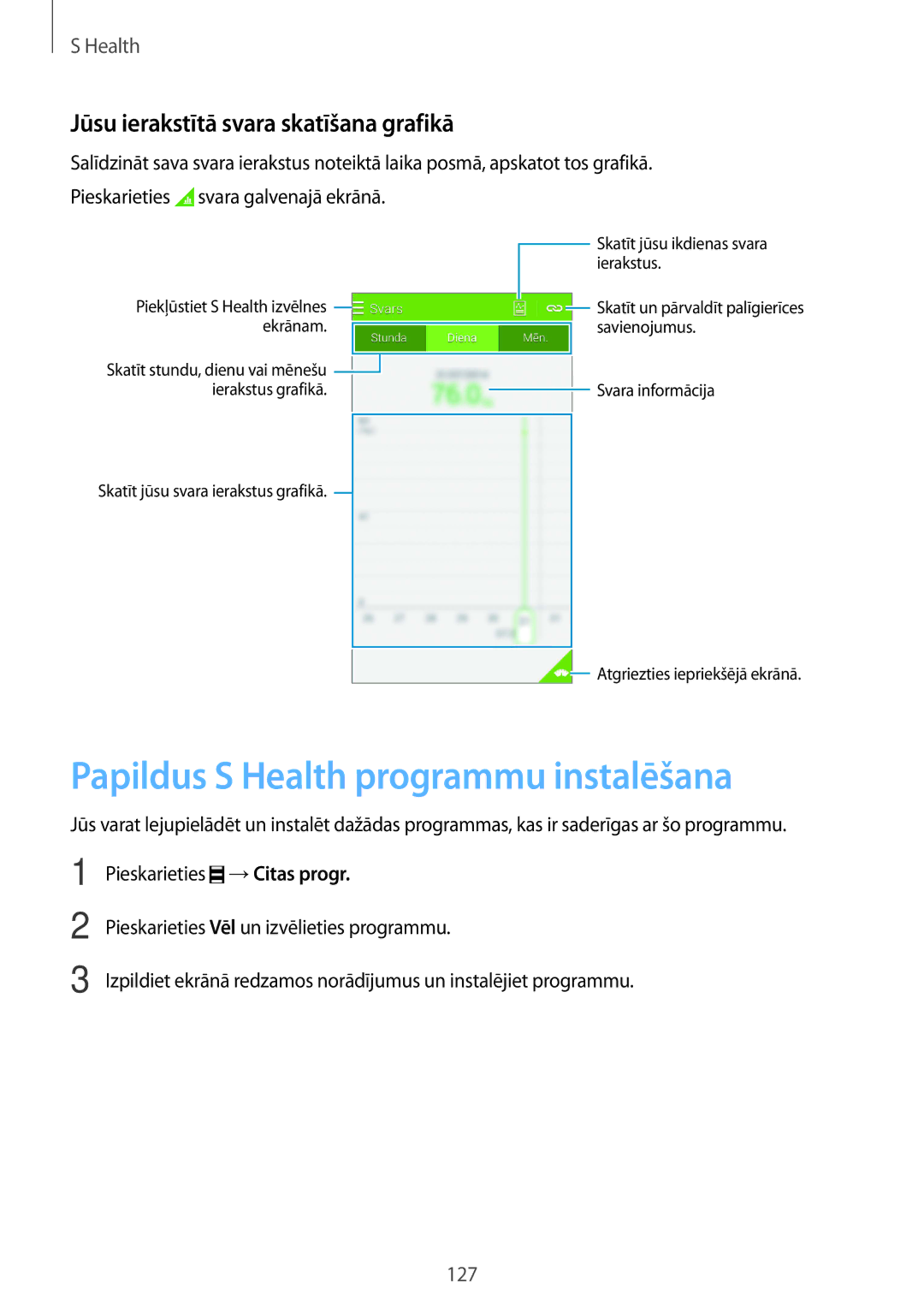 Samsung SM-G850FHSESEB, SM-G850FZDESEB Papildus S Health programmu instalēšana, Jūsu ierakstītā svara skatīšana grafikā 