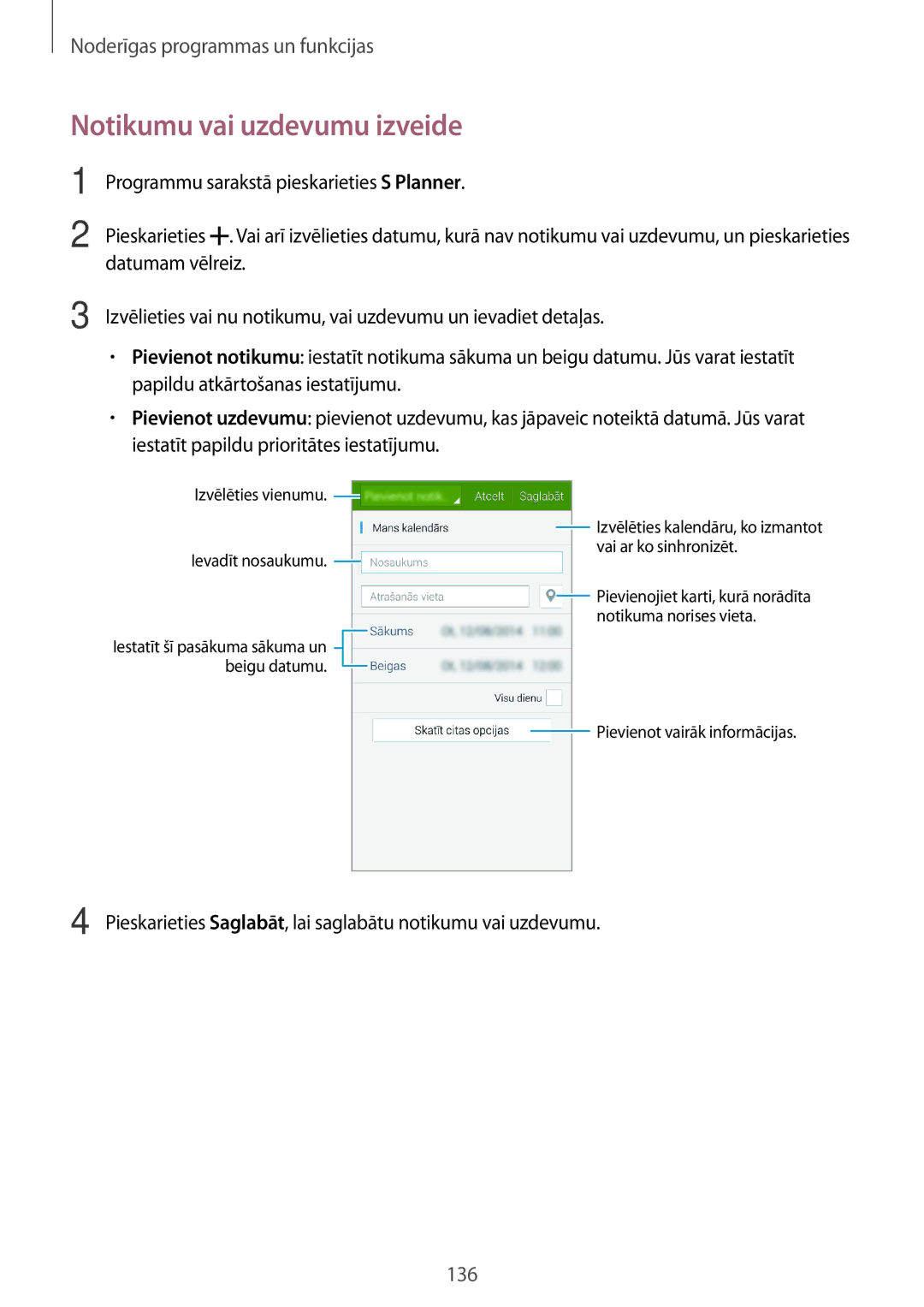 Samsung SM-G850FZWESEB, SM-G850FZDESEB, SM-G850FHSESEB, SM-G850FZBESEB, SM-G850FZKESEB manual Notikumu vai uzdevumu izveide 