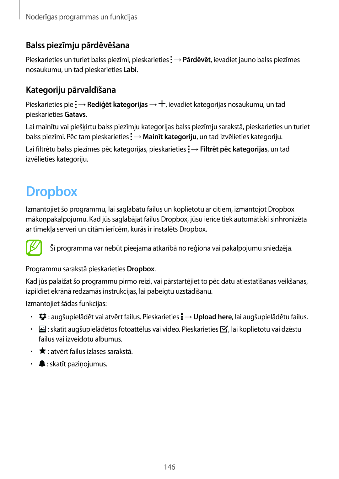 Samsung SM-G850FZWESEB, SM-G850FZDESEB, SM-G850FHSESEB manual Dropbox, Balss piezīmju pārdēvēšana, Kategoriju pārvaldīšana 